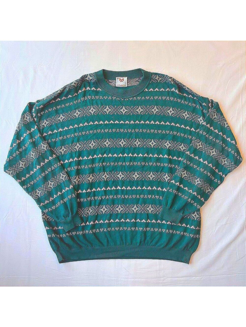 Vintage 80s Stefanel Made in Italy Green Fair Isle Geometric Knit Sweater XL